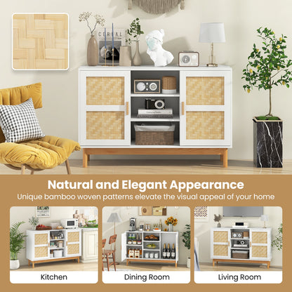 48 Inch Modern Buffet Sideboard with Bamboo Woven Doors and Open Shelves for Kitchen or Living Room Storage