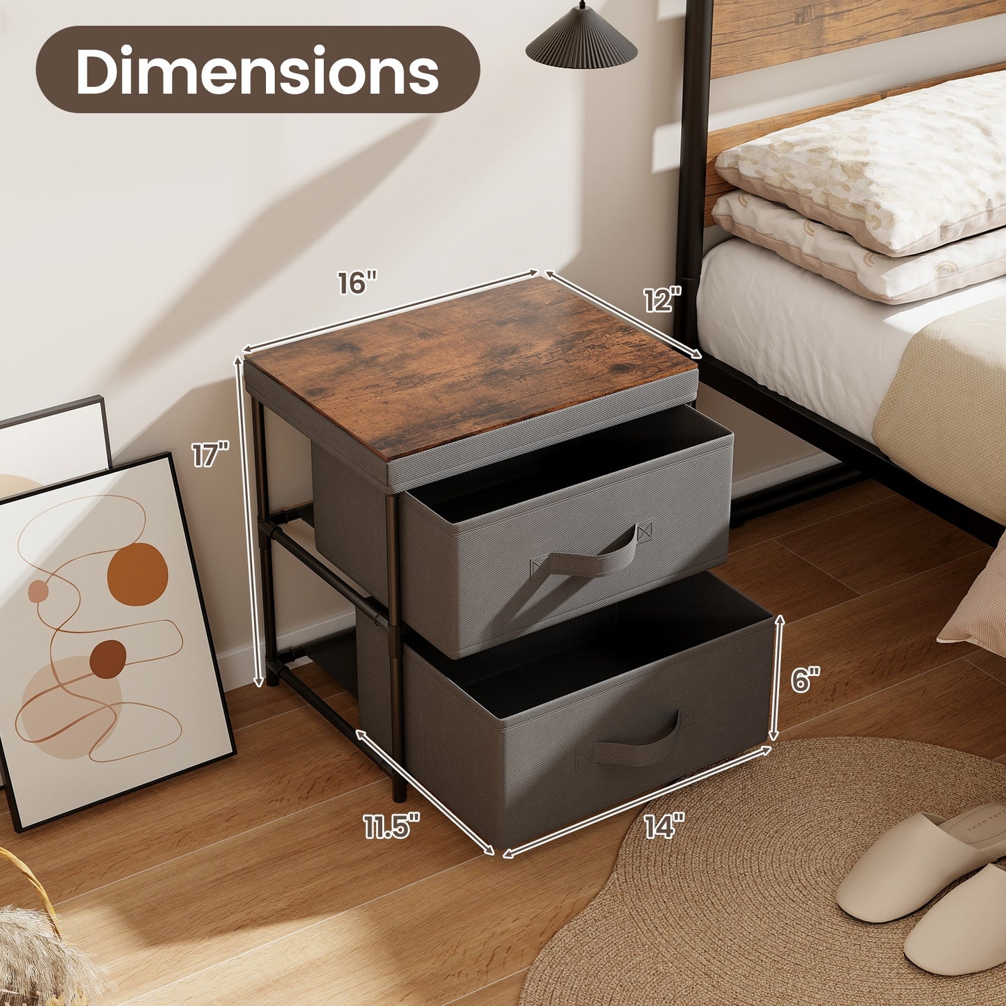 Modern Bedside Table with Removable Fabric Storage Drawers Grey Finish