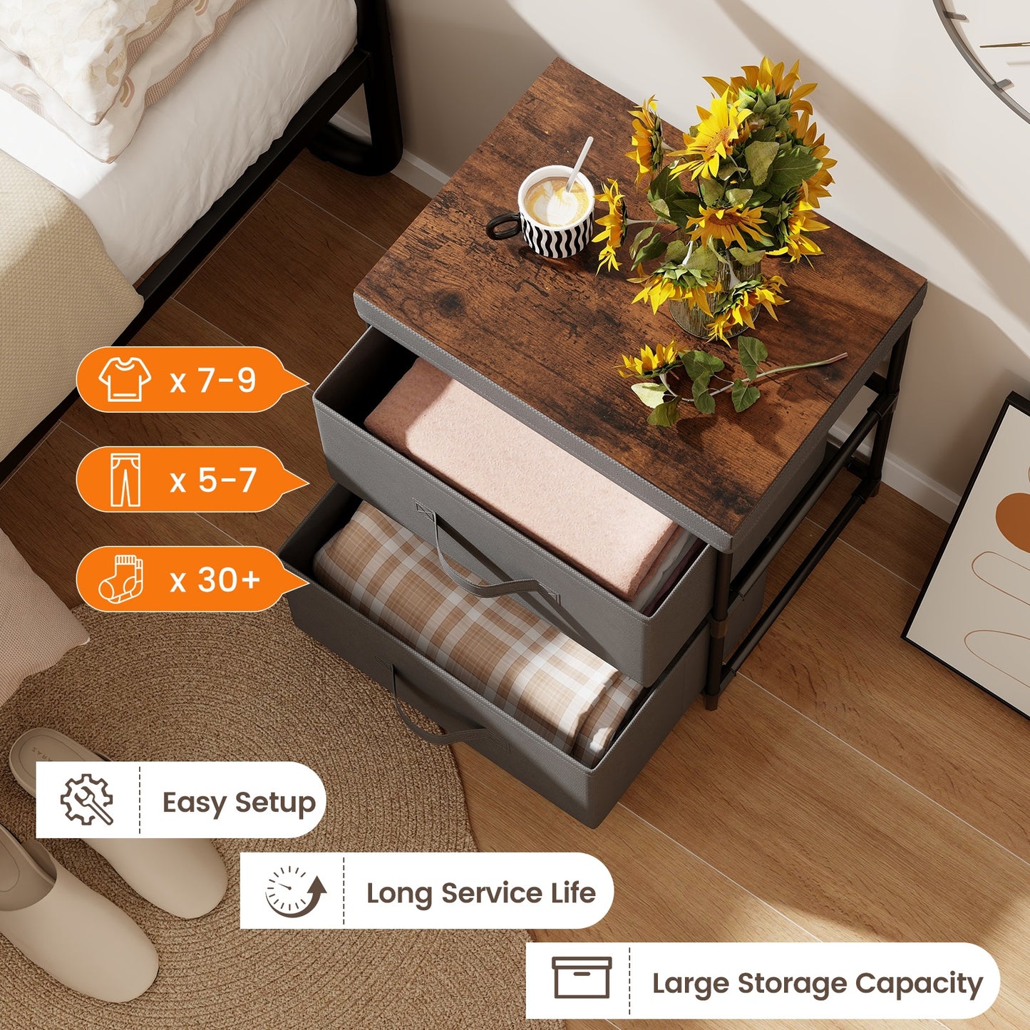 Modern Bedside Table with Removable Fabric Storage Drawers Grey Finish