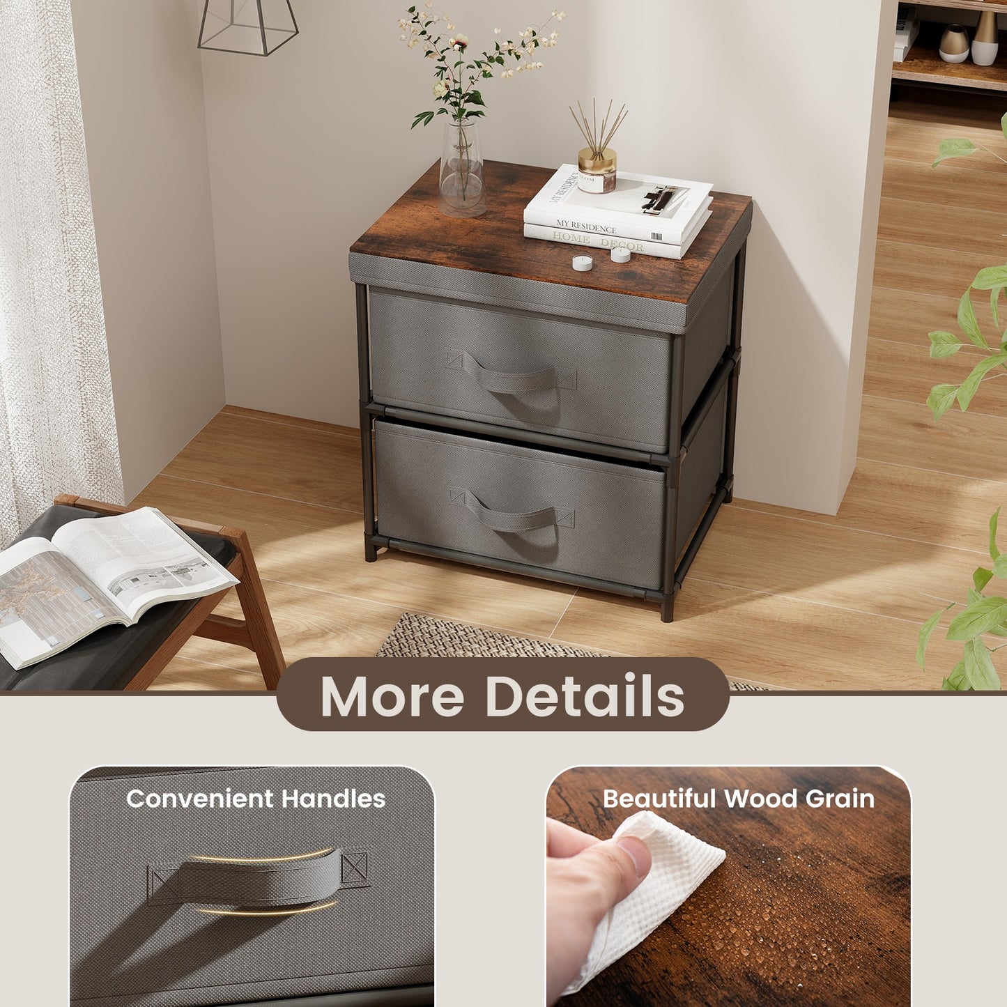 Modern Bedside Table with Removable Fabric Storage Drawers Grey Finish