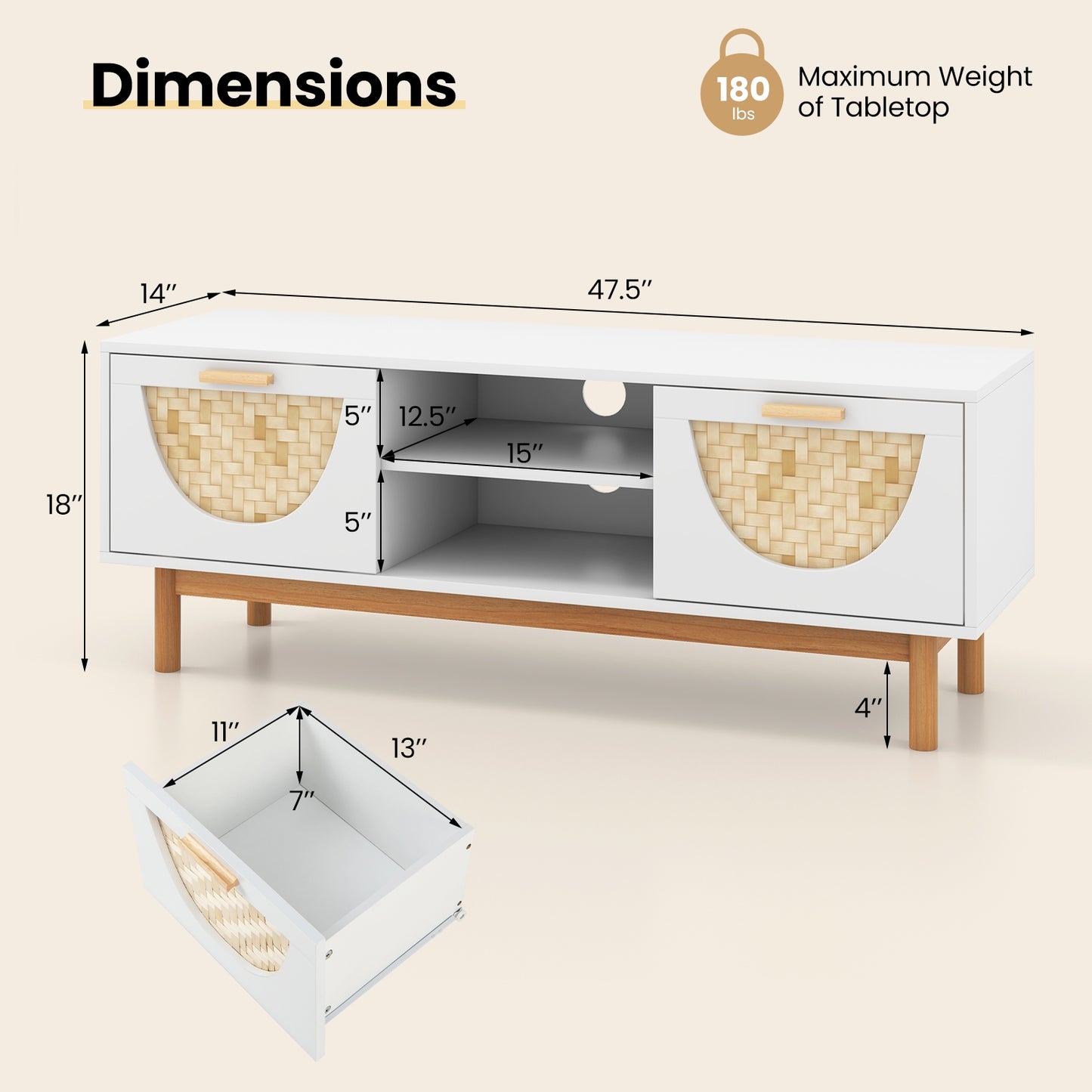 Modern Media Cabinet with 2 Drawers and Natural Bamboo Accents for 55 Inch TVs