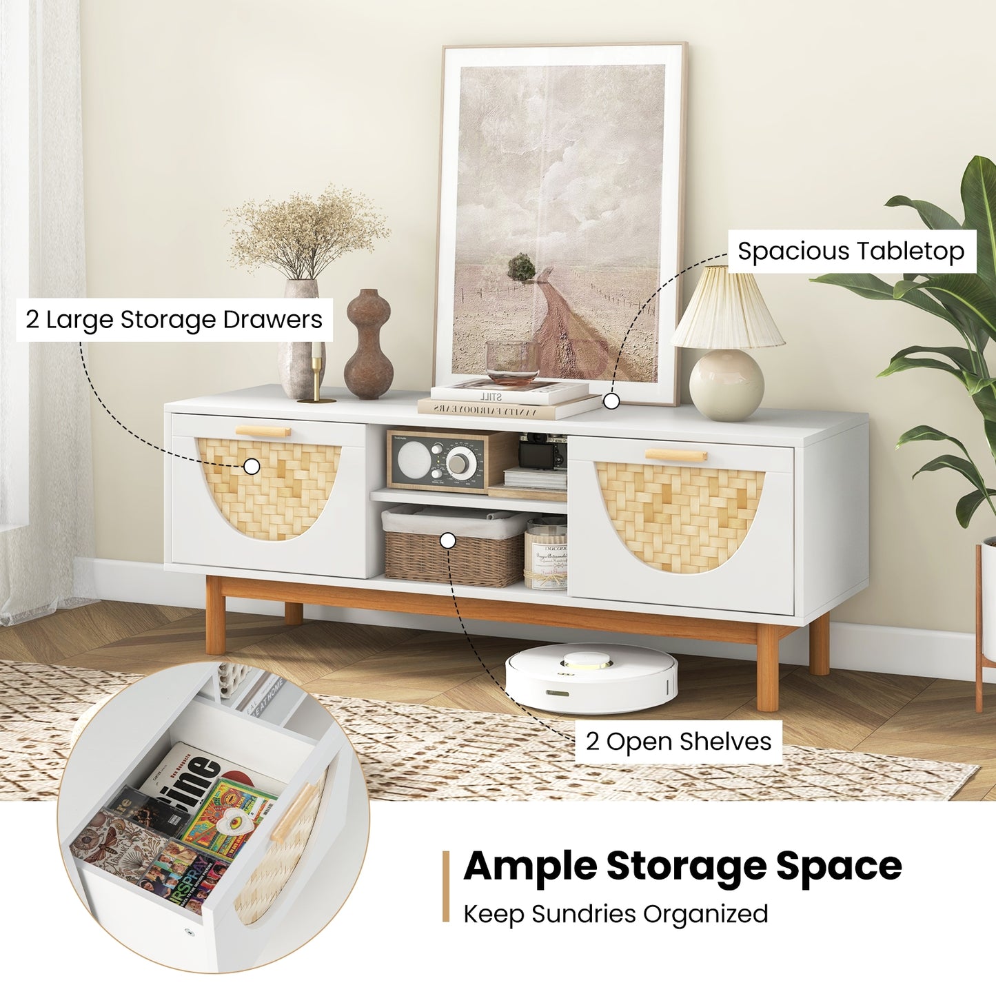 Modern Media Cabinet with 2 Drawers and Natural Bamboo Accents for 55 Inch TVs
