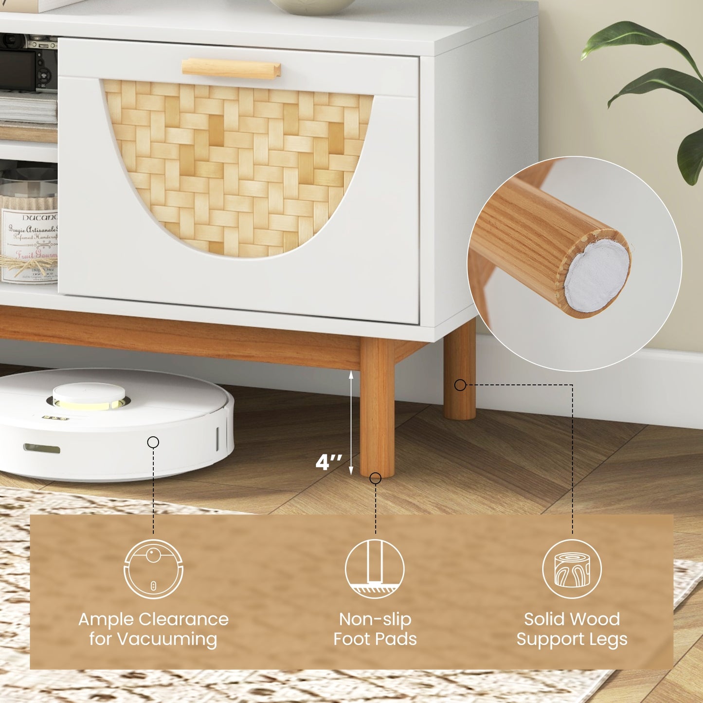 Modern Media Cabinet with 2 Drawers and Natural Bamboo Accents for 55 Inch TVs