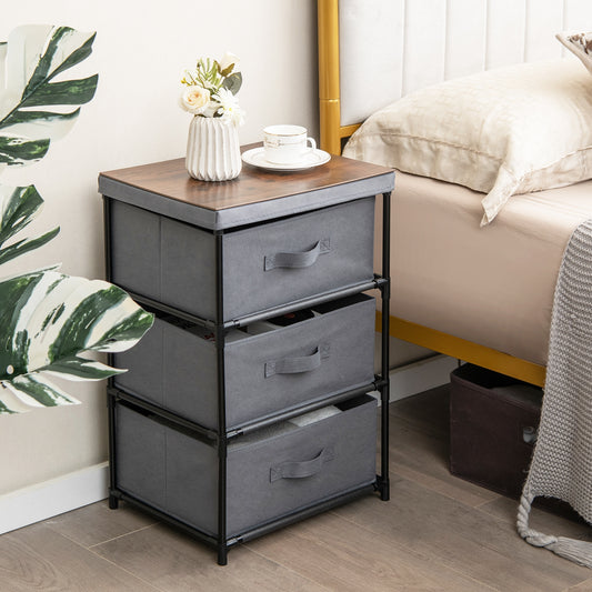 Modern Fabric Nightstand with 3 Storage Drawers and Sturdy Frame - Grey