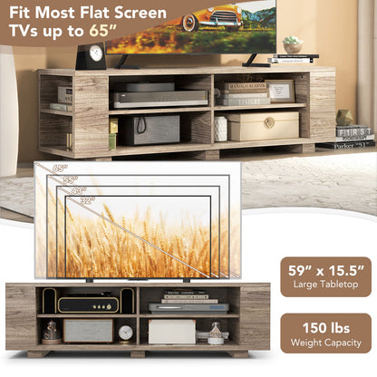 Modern 59 Inch Media Console with Adjustable Open Shelves for TVs up to 65 Inches in Light Grey