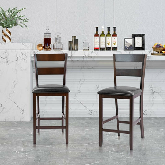 Set of 2 Upholstered Counter Height Bar Stools with PU Leather Seats and Wood Legs