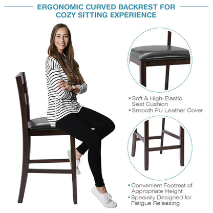 Set of 2 Upholstered Counter Height Bar Stools with PU Leather Seats and Wood Legs