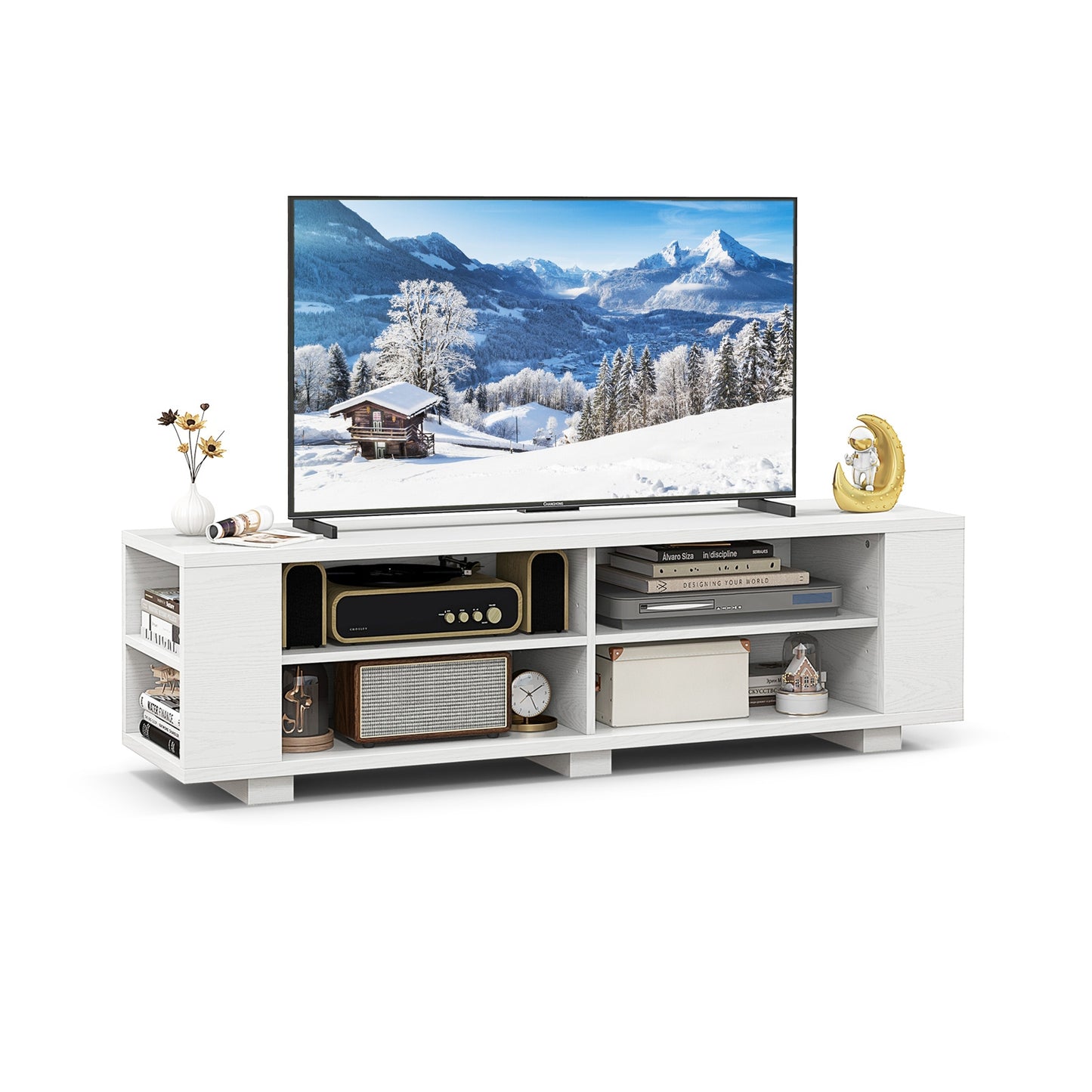 Modern 59 Inch Media Console with Adjustable Open Shelves for TVs up to 65 Inches in White