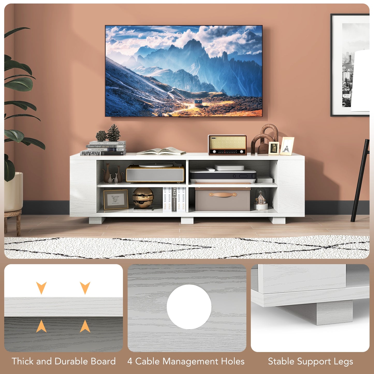 Modern 59 Inch Media Console with Adjustable Open Shelves for TVs up to 65 Inches in White