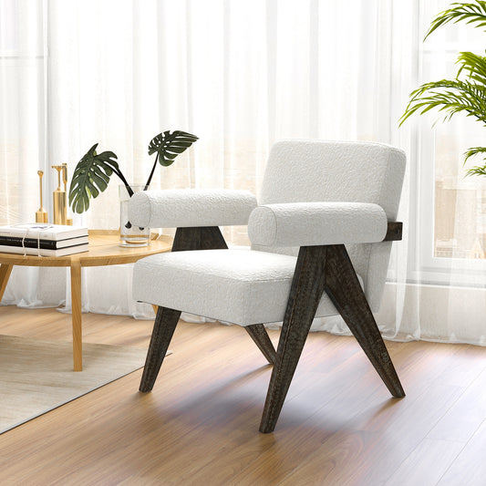 Sherpa Upholstered Accent Chair with Solid Rubber Wood Legs and Thick Padded Seat