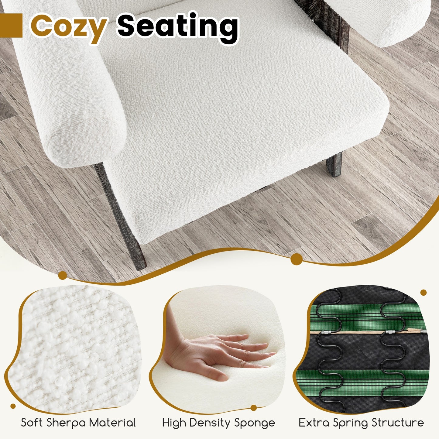Sherpa Upholstered Accent Chair with Solid Rubber Wood Legs and Thick Padded Seat