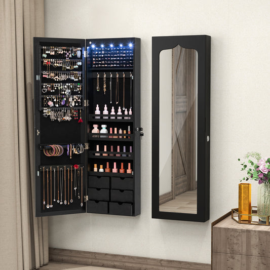 Wall Mounted Jewelry Armoire with Full Length Mirror, LED Lights, Lock and 6 Drawers – Black