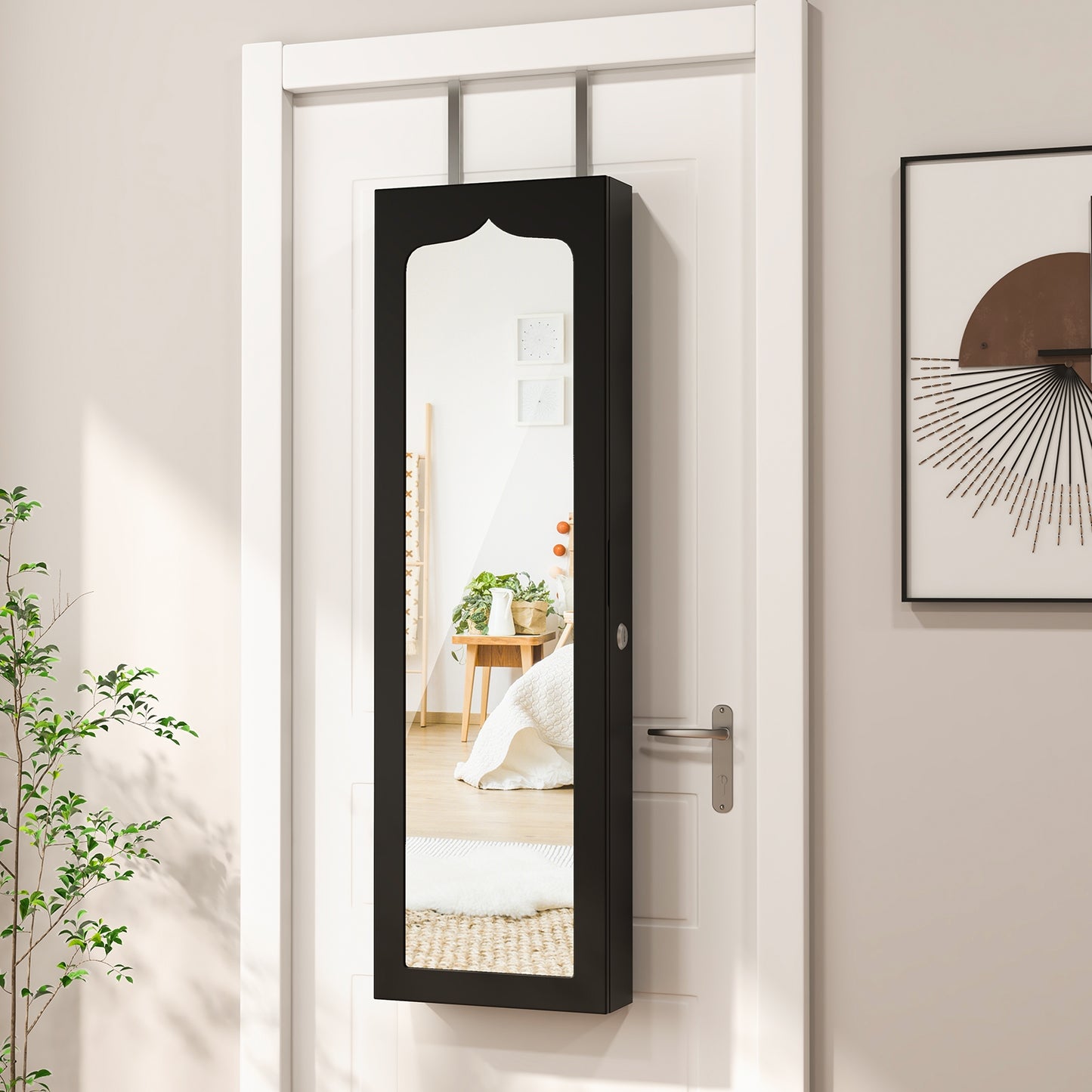 Wall Mounted Jewelry Armoire with Full Length Mirror, LED Lights, Lock and 6 Drawers – Black