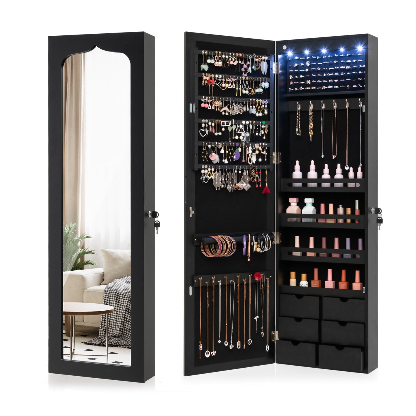 Wall Mounted Jewelry Armoire with Full Length Mirror, LED Lights, Lock and 6 Drawers – Black