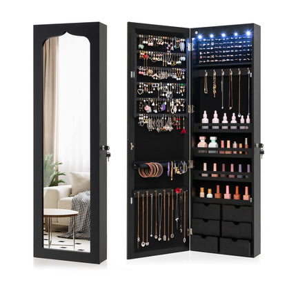 Wall Mounted Jewelry Armoire with Full Length Mirror, LED Lights, Lock and 6 Drawers – Black