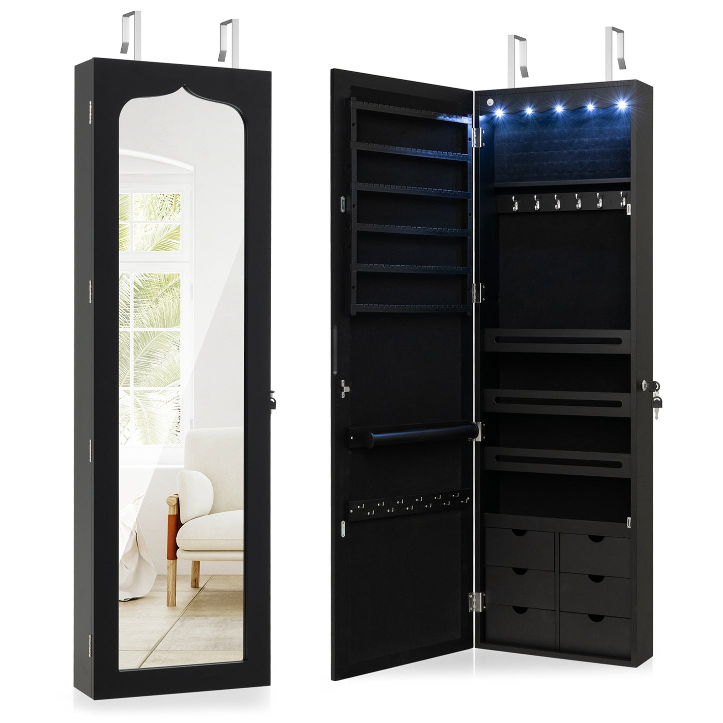 Wall Mounted Jewelry Armoire with Full Length Mirror, LED Lights, Lock and 6 Drawers – Black