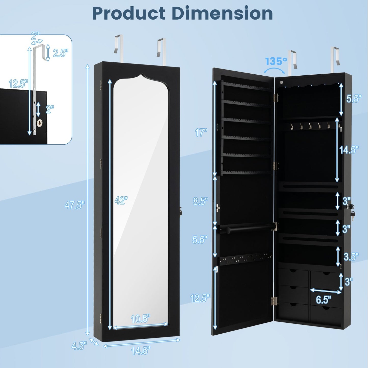 Wall Mounted Jewelry Armoire with Full Length Mirror, LED Lights, Lock and 6 Drawers – Black