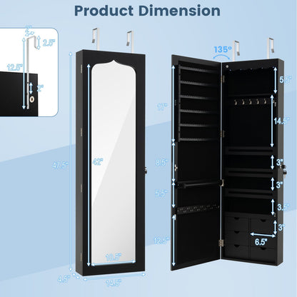 Wall Mounted Jewelry Armoire with Full Length Mirror, LED Lights, Lock and 6 Drawers – Black