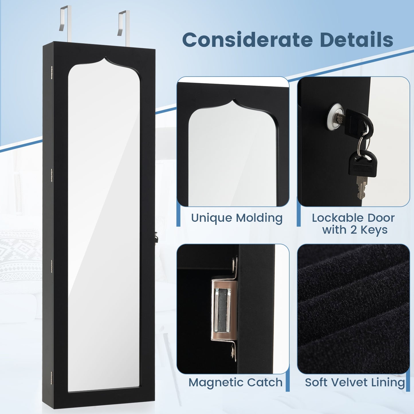 Wall Mounted Jewelry Armoire with Full Length Mirror, LED Lights, Lock and 6 Drawers – Black