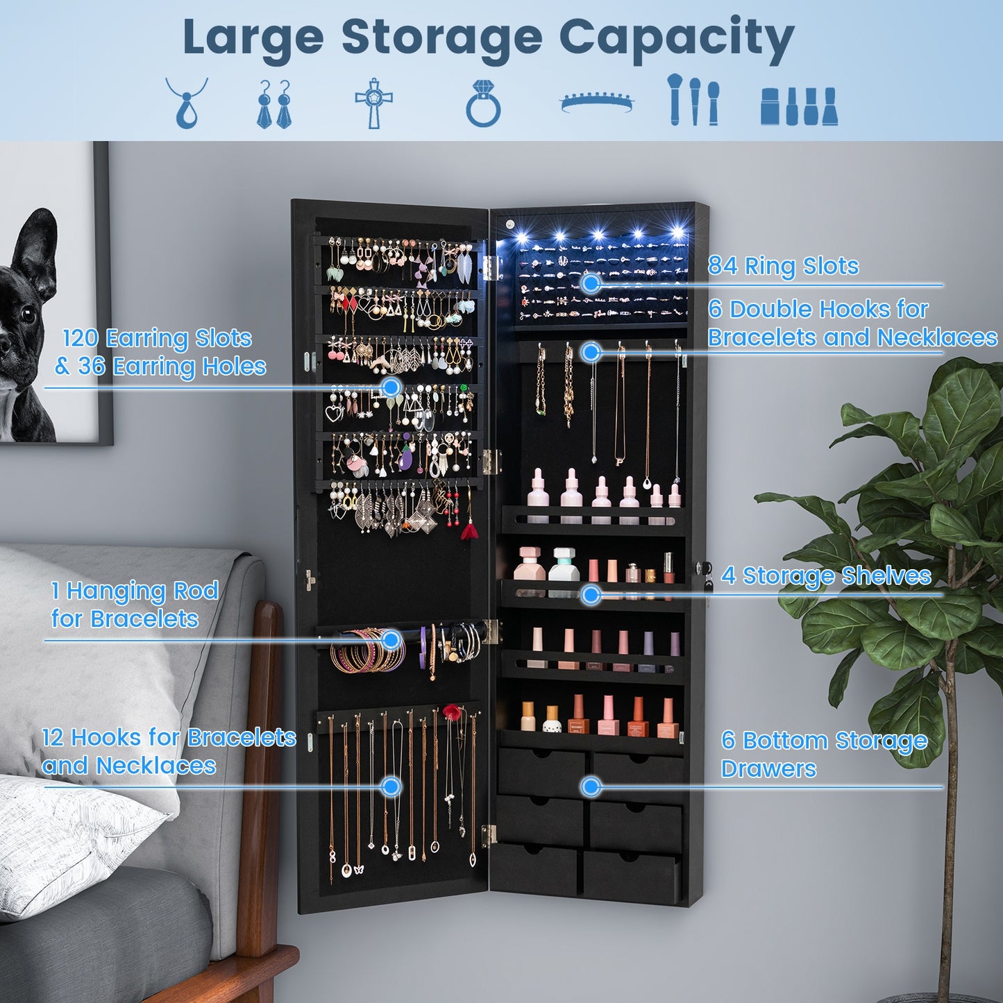 Wall Mounted Jewelry Armoire with Full Length Mirror, LED Lights, Lock and 6 Drawers – Black