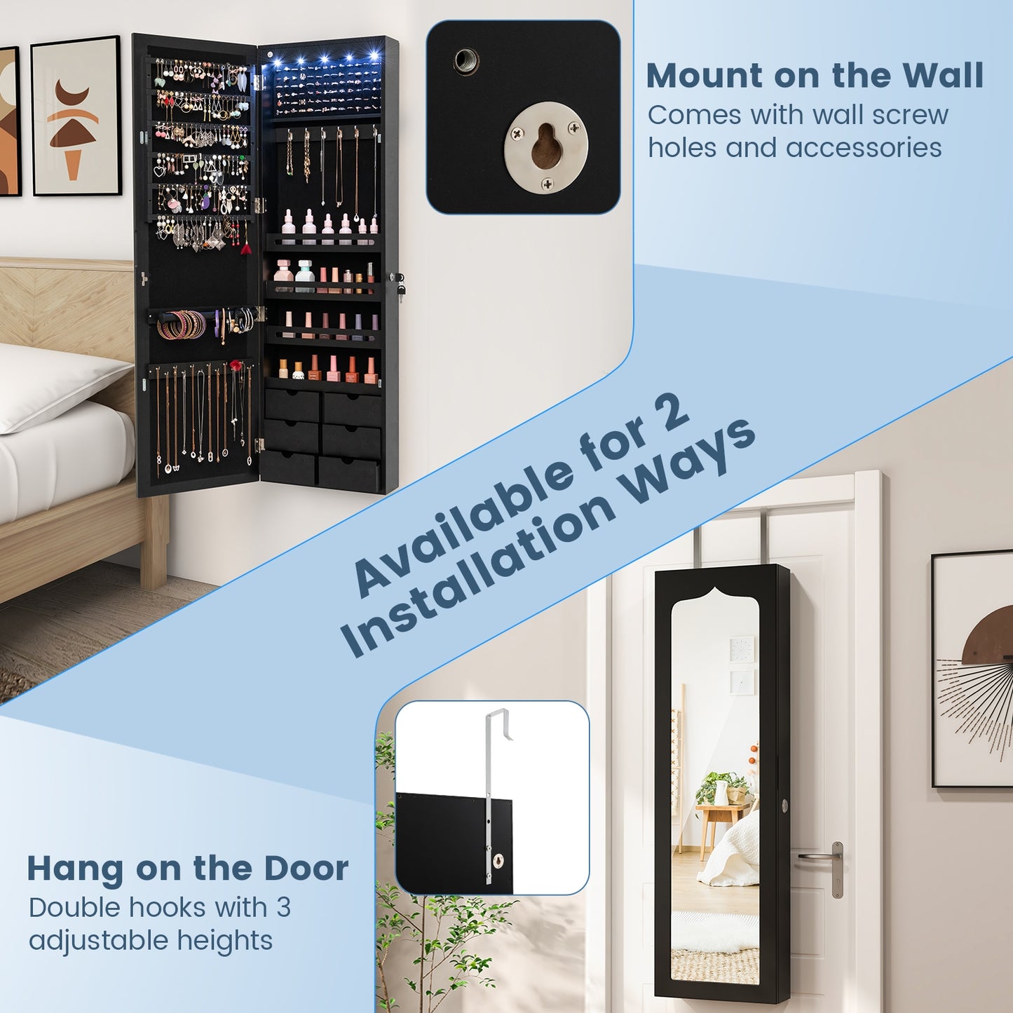 Wall Mounted Jewelry Armoire with Full Length Mirror, LED Lights, Lock and 6 Drawers – Black