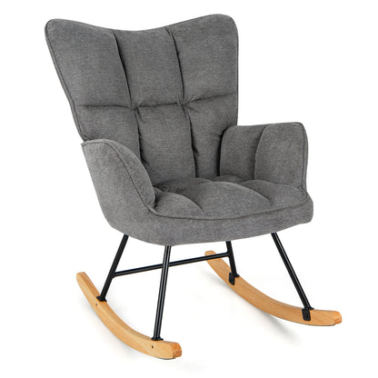 Modern Nursery Rocking Chair with Soft Linen Fabric, High Backrest, and Comfortable Armrests - Grey