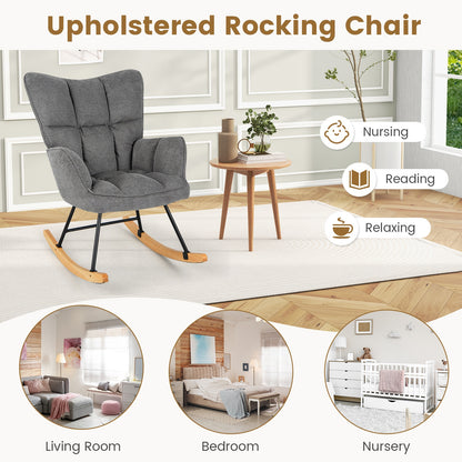 Modern Nursery Rocking Chair with Soft Linen Fabric, High Backrest, and Comfortable Armrests - Grey