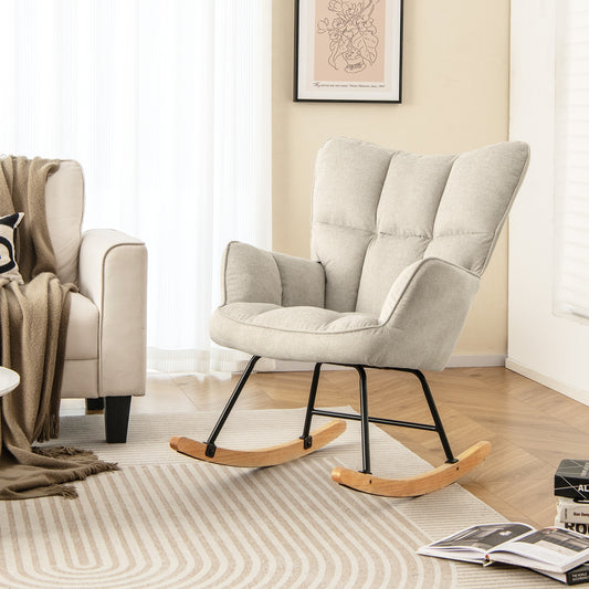 Modern Nursery Rocking Chair with Soft Linen Fabric, High Backrest, and Comfortable Armrests - White