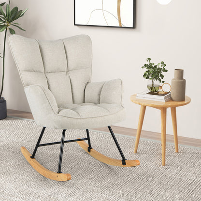 Modern Nursery Rocking Chair with Soft Linen Fabric, High Backrest, and Comfortable Armrests - White