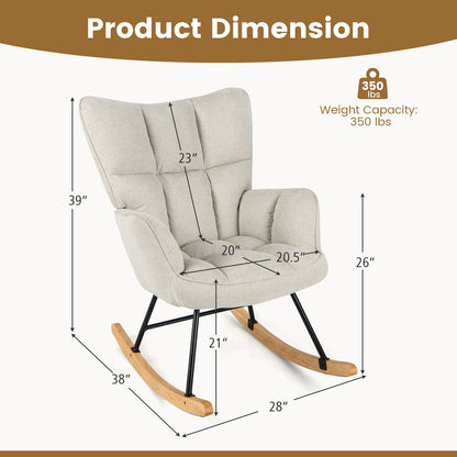 Modern Nursery Rocking Chair with Soft Linen Fabric, High Backrest, and Comfortable Armrests - White