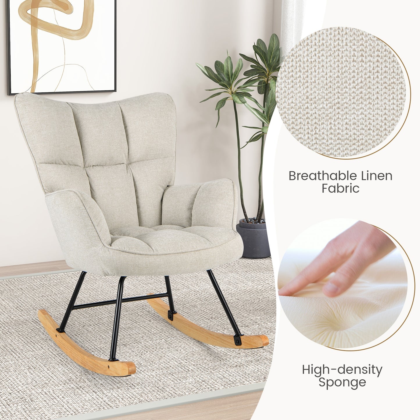 Modern Nursery Rocking Chair with Soft Linen Fabric, High Backrest, and Comfortable Armrests - White