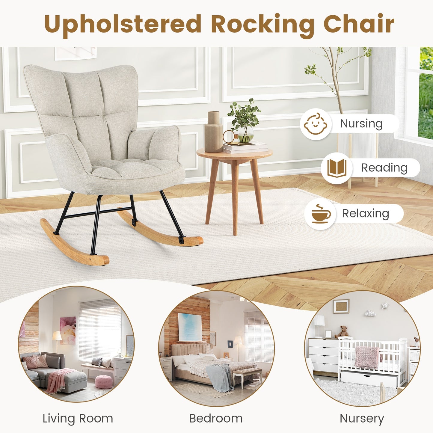 Modern Nursery Rocking Chair with Soft Linen Fabric, High Backrest, and Comfortable Armrests - White