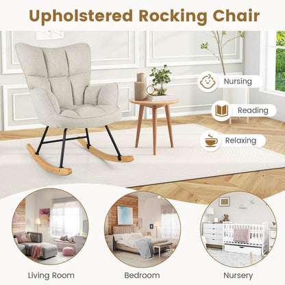 Modern Nursery Rocking Chair with Soft Linen Fabric, High Backrest, and Comfortable Armrests - White