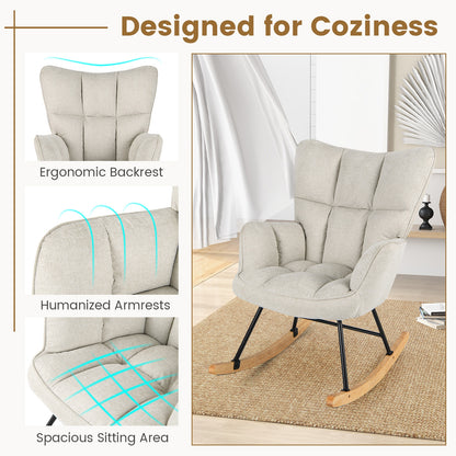 Modern Nursery Rocking Chair with Soft Linen Fabric, High Backrest, and Comfortable Armrests - White