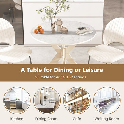 36 Inch Round Dining Table with Faux Marble Top and Solid Wood Legs, Seats 2–4, White