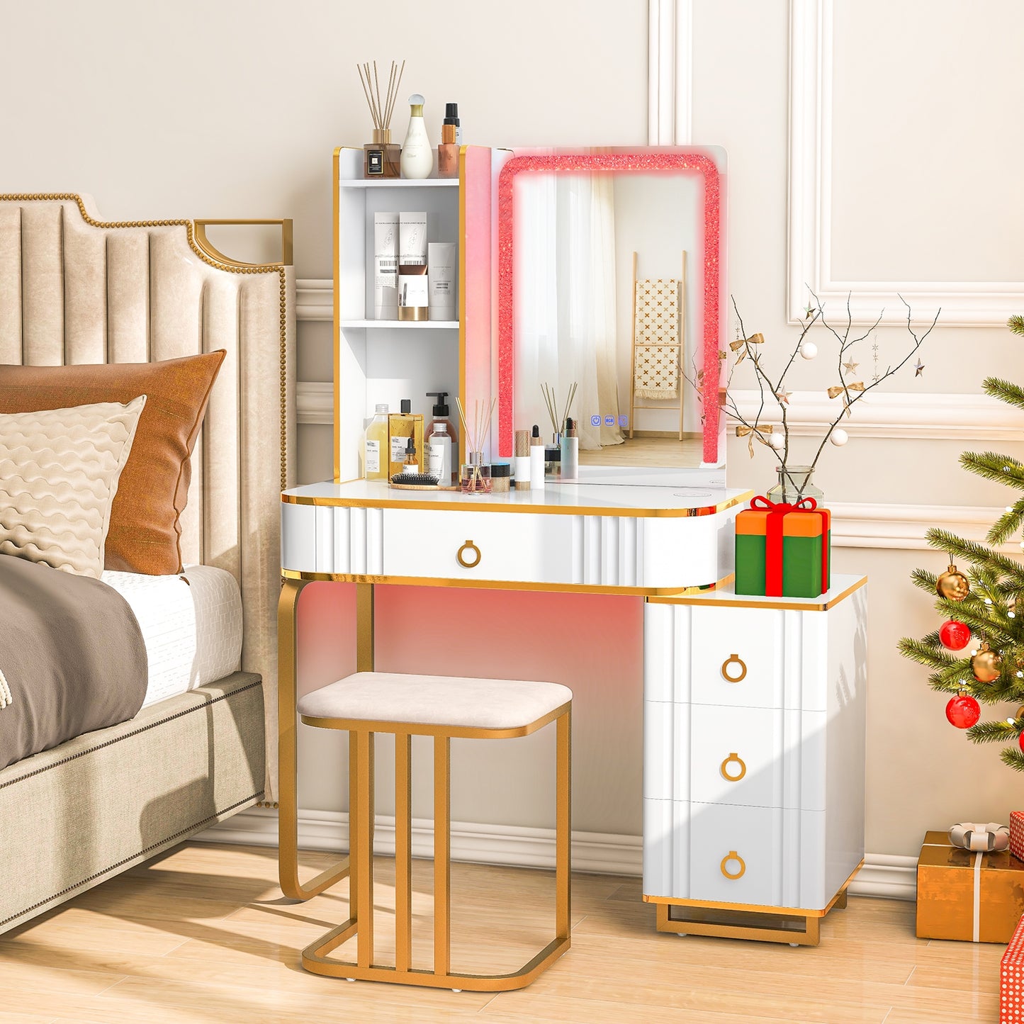 Vanity Table Set with RGB LED Mirror, Wireless Charging, Storage Drawers and Stool – White