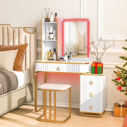 Vanity Table Set with RGB LED Mirror, Wireless Charging, Storage Drawers and Stool – White