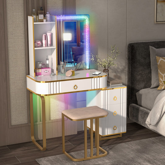 Vanity Table Set with RGB LED Mirror, Wireless Charging, Storage Drawers and Stool – White