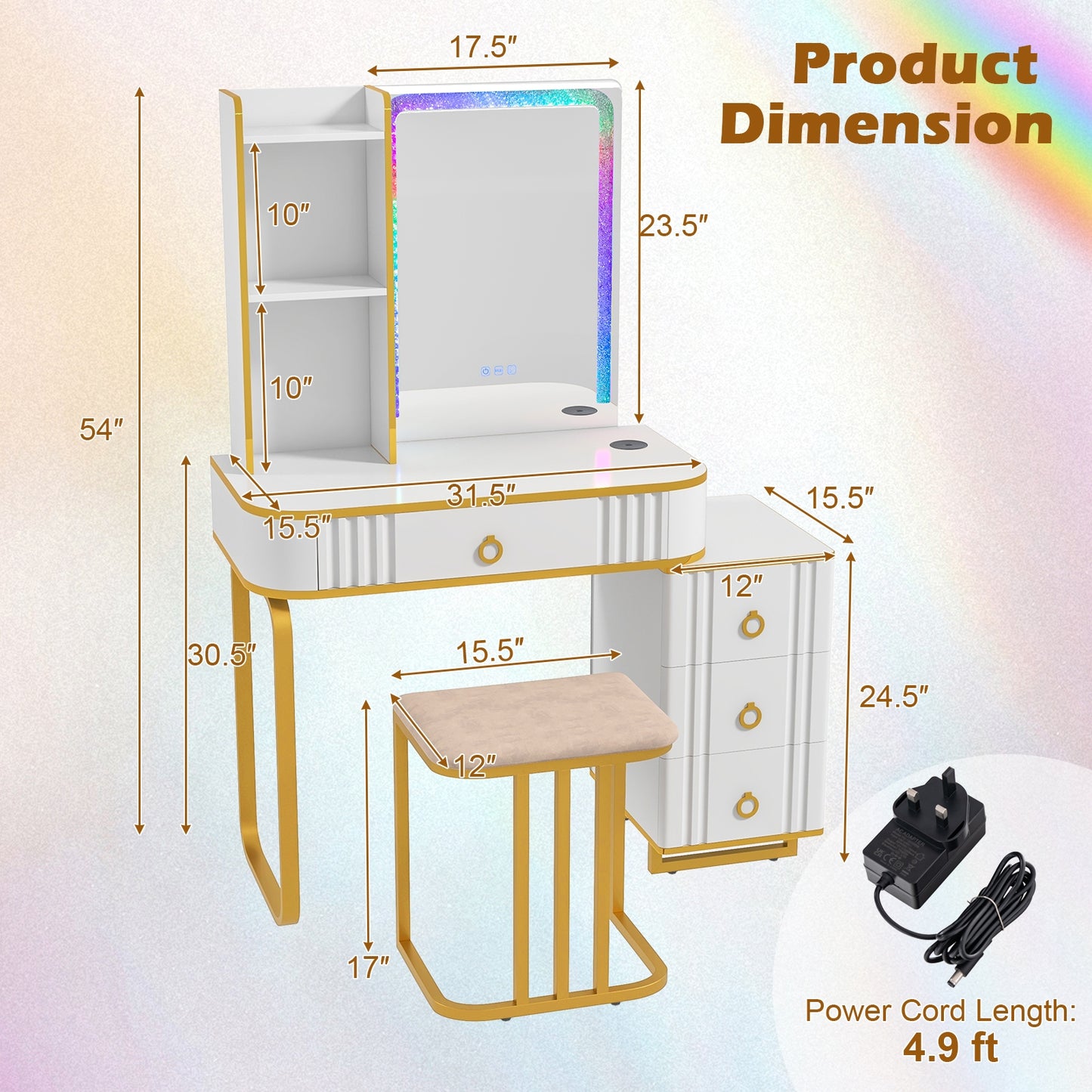 Vanity Table Set with RGB LED Mirror, Wireless Charging, Storage Drawers and Stool – White