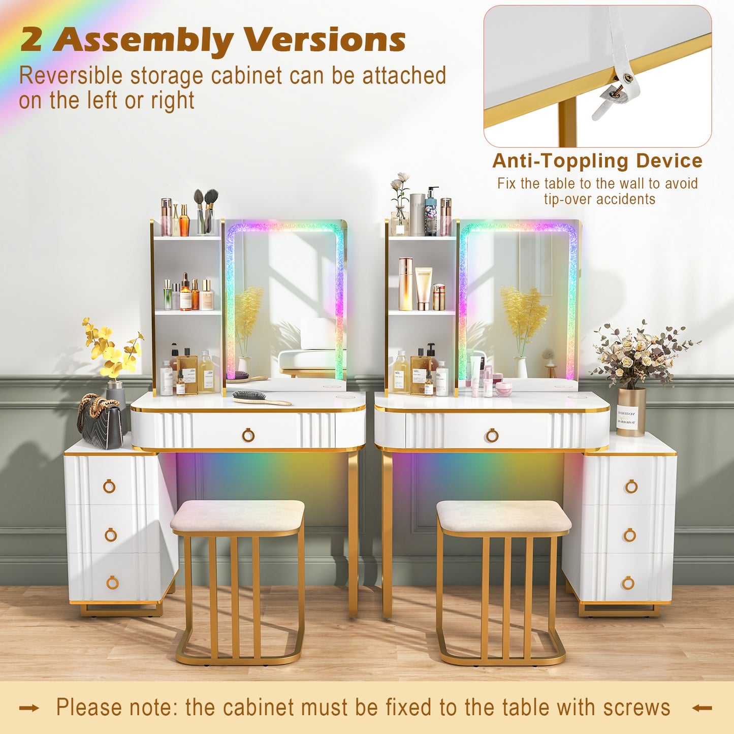 Vanity Table Set with RGB LED Mirror, Wireless Charging, Storage Drawers and Stool – White