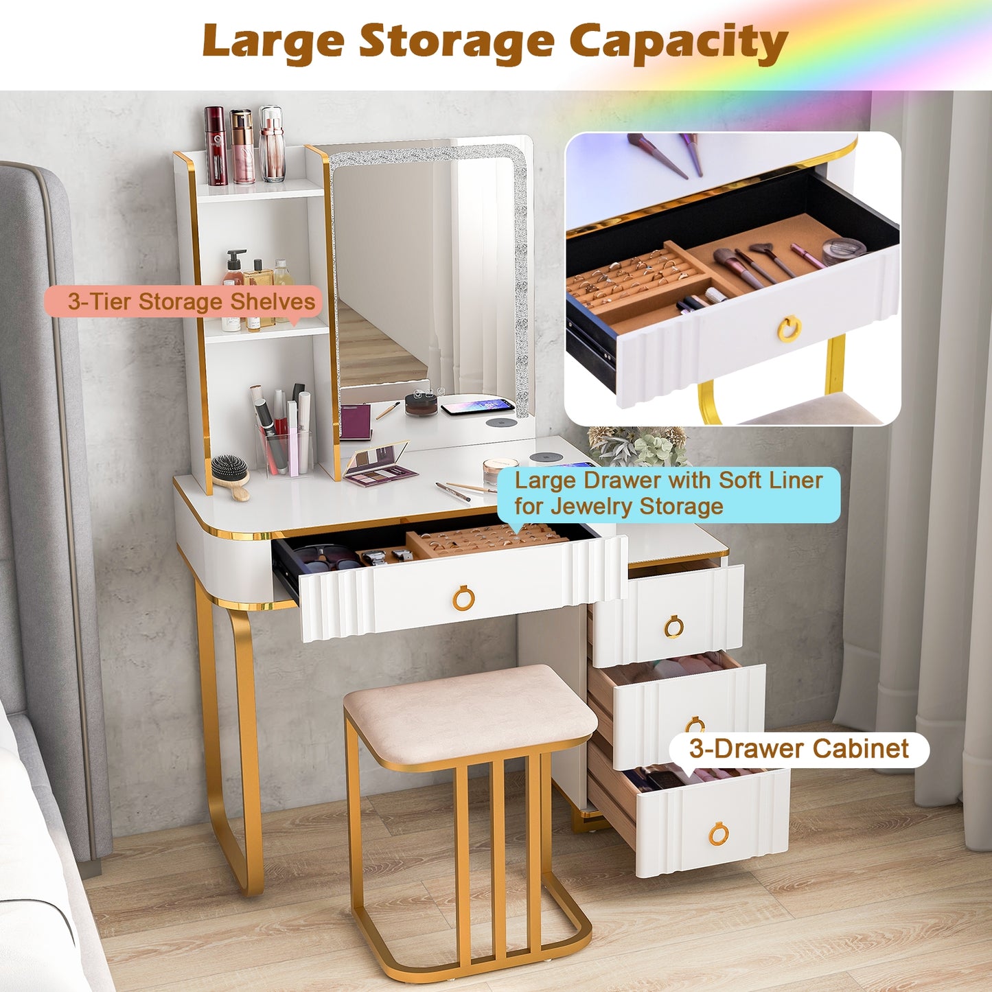 Vanity Table Set with RGB LED Mirror, Wireless Charging, Storage Drawers and Stool – White