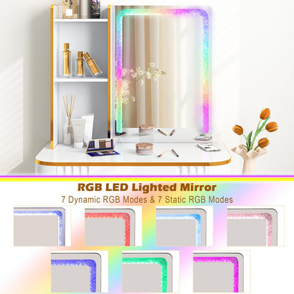 Vanity Table Set with RGB LED Mirror, Wireless Charging, Storage Drawers and Stool – White