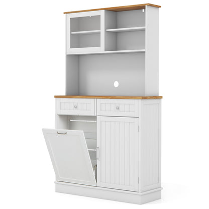 Tilt Out Trash Cabinet with Hutch Storage and Solid Rubberwood Countertop Double Bin Design