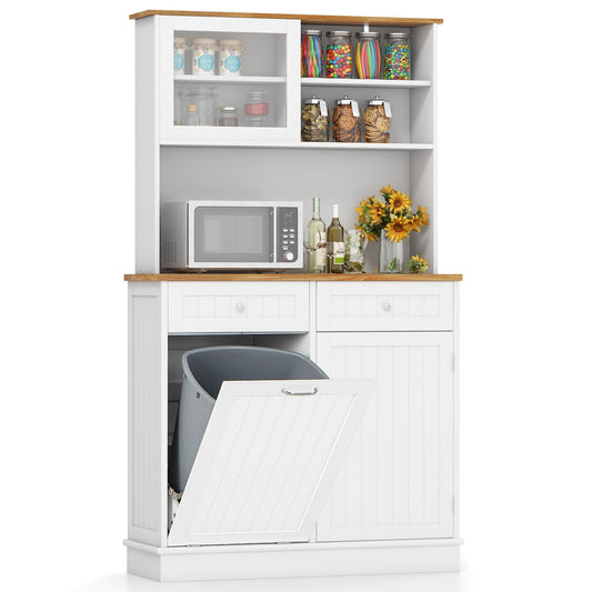 Tilt Out Trash Cabinet with Hutch Storage and Solid Rubberwood Countertop Double Bin Design