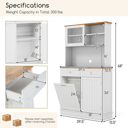 Tilt Out Trash Cabinet with Hutch Storage and Solid Rubberwood Countertop Double Bin Design