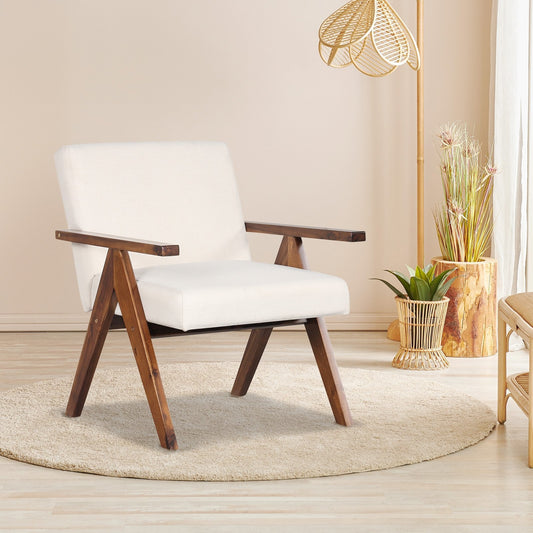 Acacia Wood Accent Chair with Padded Cushion and Linen Cover Beige