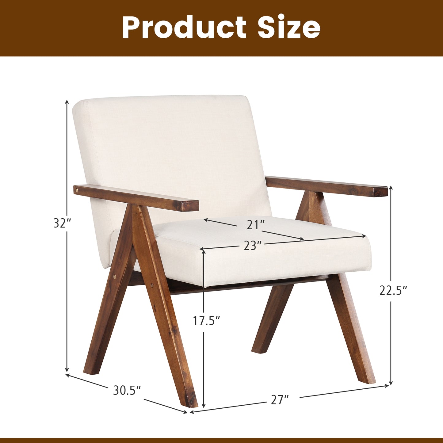 Acacia Wood Accent Chair with Padded Cushion and Linen Cover Beige