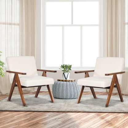 Acacia Wood Accent Chair with Padded Cushion and Linen Cover Beige