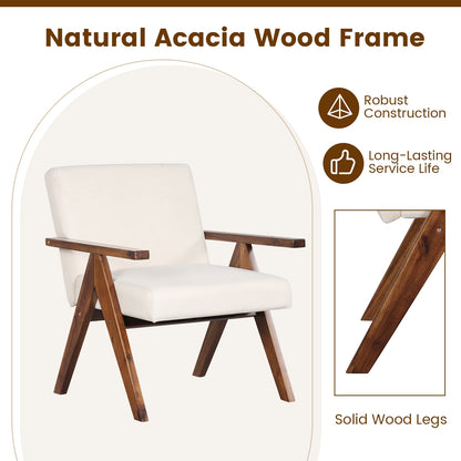 Acacia Wood Accent Chair with Padded Cushion and Linen Cover Beige