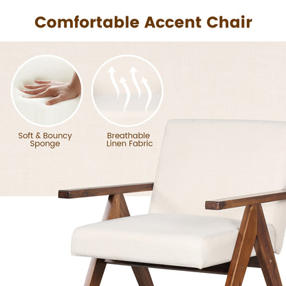 Acacia Wood Accent Chair with Padded Cushion and Linen Cover Beige